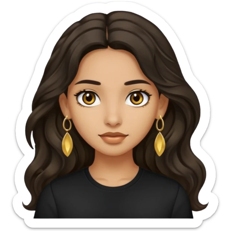 Girl with olive skin, very dark brown eyes and dark wavy long hair. wearing black shirt and gold earrings sticker
