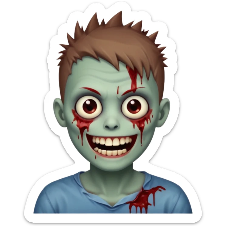 zombie boy with brown short spiky hair, white skin, and white eyes; an open smile, and bloodied teeth; sticker