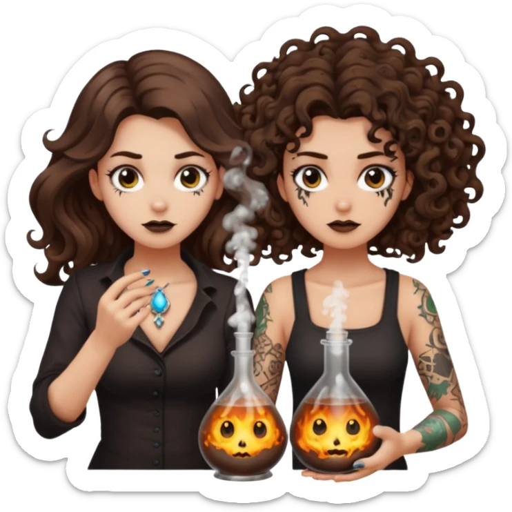 alchemy accident — long wavy brown hair tattooed woman and short tight curly brown hair woman — potion explosion soot faces sticker