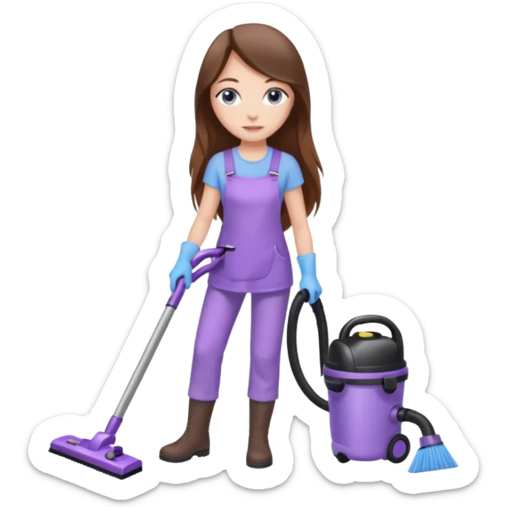 beautiful girl with long brown hair, blue eyes and wearing light purple clothes, cleaning and vacuuming sticker