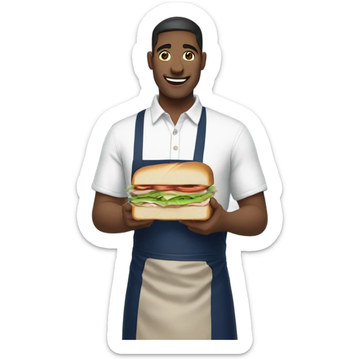 Male man worker with white shirt and navy apron with khakis and hat holding a sandwhich sticker