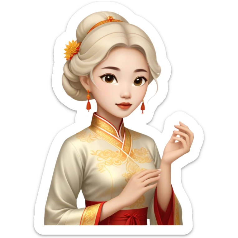 Cinematic Realistic Áo Dài Portrait Emoji, depicted as an elegant traditional Vietnamese dress with flowing graceful lines and delicate patterns, rendered with rich textures and soft ethereal lighting that captures its timeless beauty. sticker