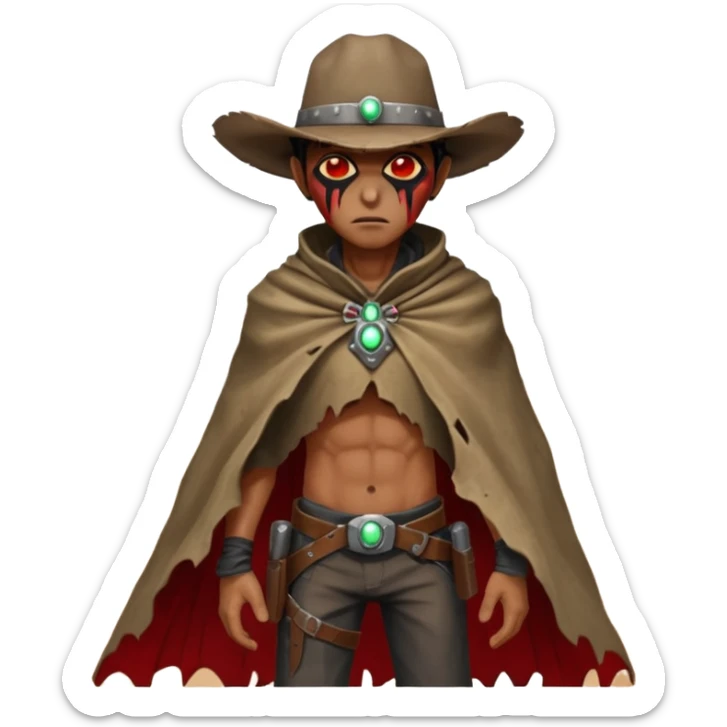 A rugged alien outlaw cowboy with scars and glowing red eyes, torn futuristic poncho, standing in a deserted alien town, dust blowing through empty streets, moody shadows, gritty sci-fi western realism
 sticker
