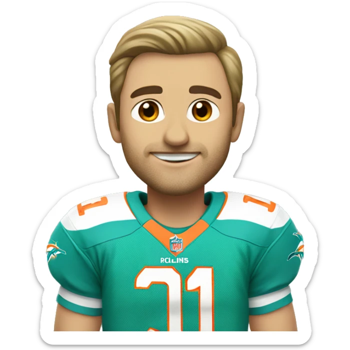 Caucasian wearing Miami Dolphins jersey with the number one on it sticker