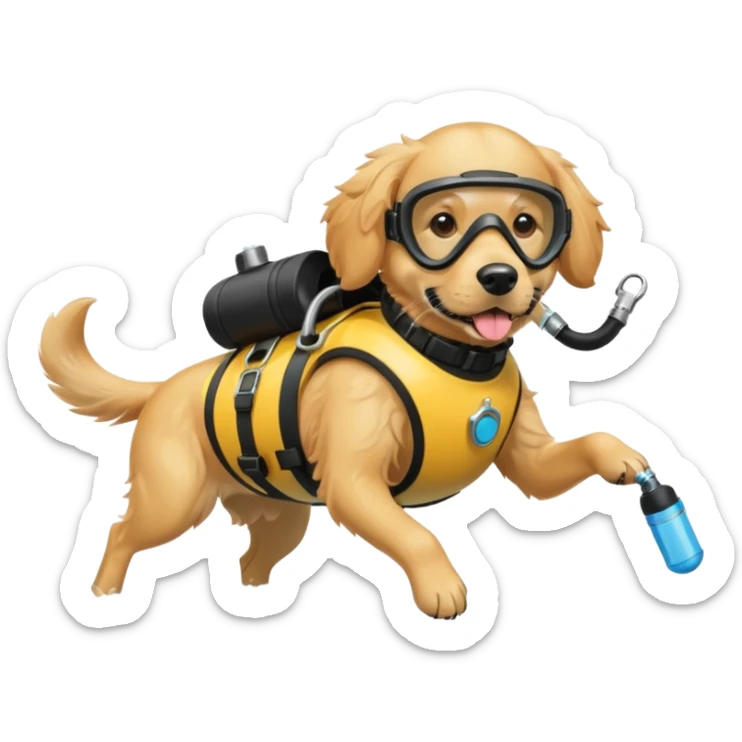 dog wearing scuba gear dive into the sea with diver mask and oxygen tank sticker