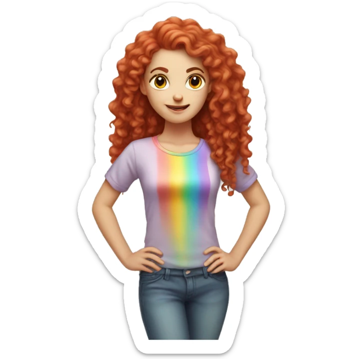 white girl with long red curly hair, wearing a pastel rainbow shirt doing a pose sticker