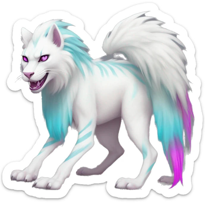 White elegant beautiful natural cute badass epic anthro modern albino Trico-vernid-Fakémon with cyan mane and magenta eyes with cyan edgy stripes, anthropomorphic, two-legged, digitigrade, full body sticker
