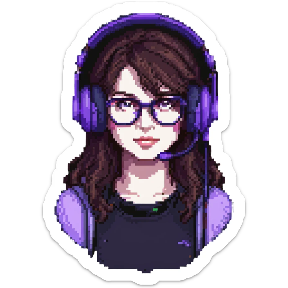 female brunette with glasses and a purple gaming headset, pixel art style sticker