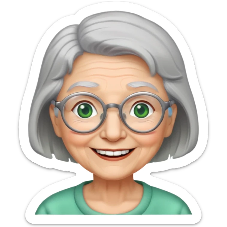 Grandma with grey hair, grey hair, green eyes, glasses smiling with no teeth sticker