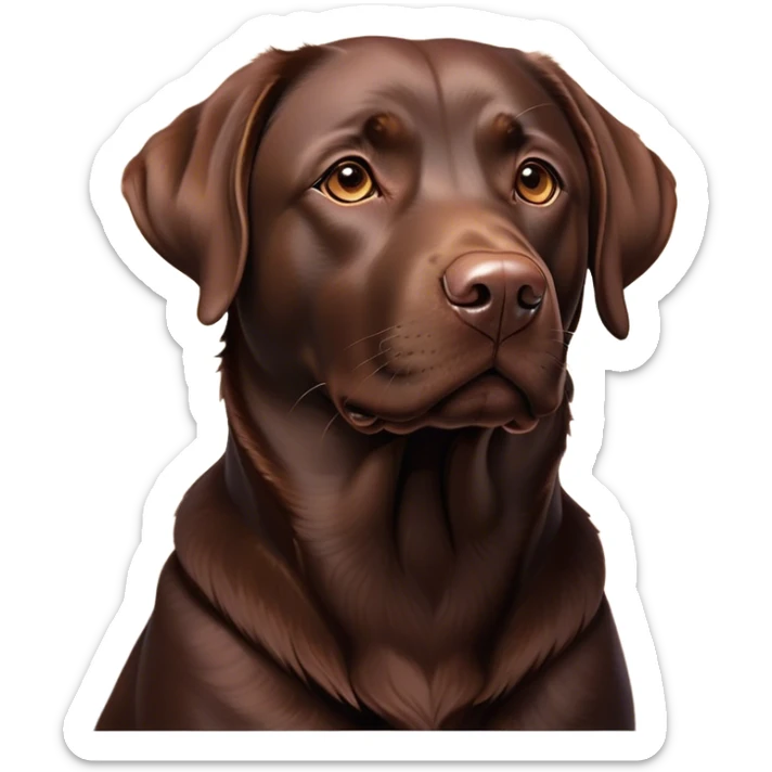 Cinematic Noble Chocolate Labrador Portrait Emoji, Poised and regal, with a robust, muscular build and a rich, glossy chocolate Fur, deep-set soulful brown eyes, Simplified yet sharp and sophisticated features, highly detailed, glowing with a soft, dignified glow, high shine, intelligent and gentle, stylized with an air of confidence, focused and attentive, soft glowing outline, capturing the essence of a watchful and loving companion, so majestic it feels as though it could bound out of the screen with effortless authority! sticker