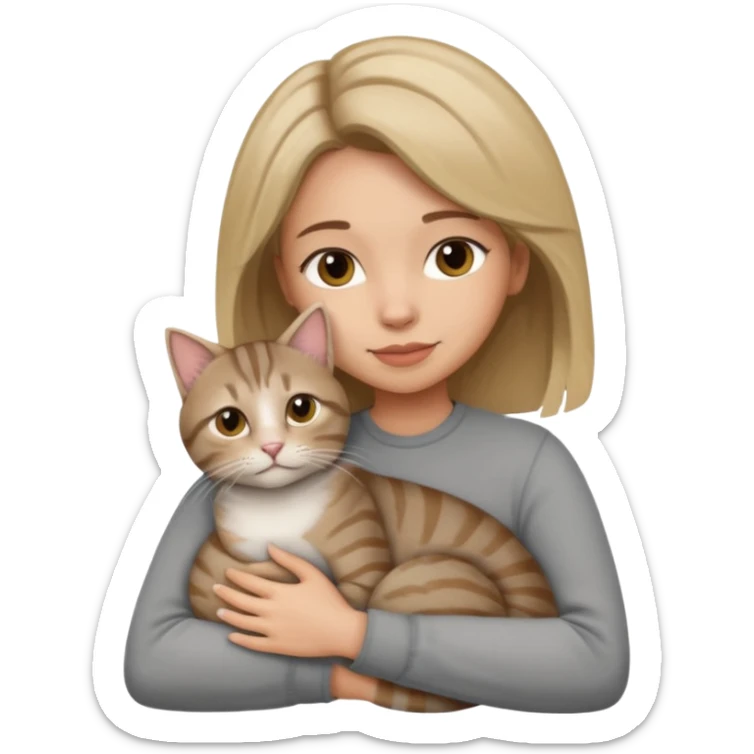Une femme avec les cheveux dégradée, brun clair et blond, qui fait un câlin à son chat gris, tigré  sticker