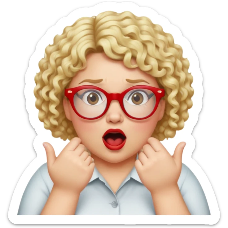 Blonde woman with short curly hair, slightly overweight, wearing red-framed glasses, shouting with hands on both sides of her mouth sticker