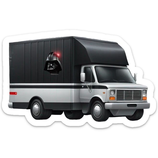 Side view of 1976 very long mail delivery truck shaped like Darth Vader’s body  sticker