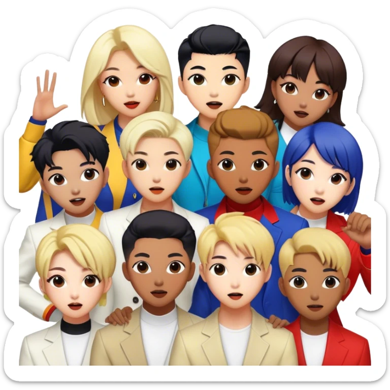 Cinematic Realistic BTS Portrait Emoji, depicted as a dynamic energetic portrayal of the global K-pop group with stylish modern attire and vibrant expressions, rendered with rich textures and bold contemporary lighting that captures their youthful charisma. sticker