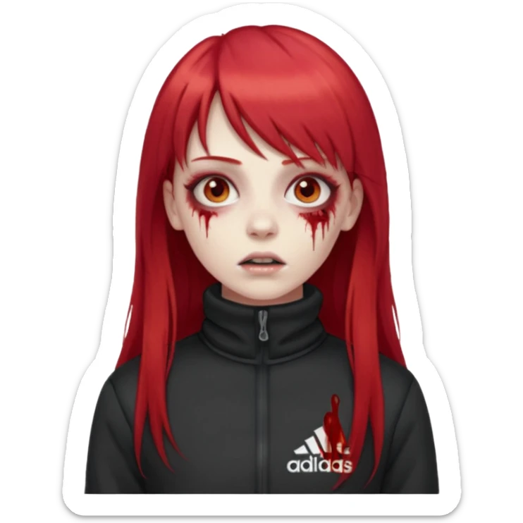 Crie um emoji de uma menina zumbi  com o cabelo vermelho longo com uma franja reta casaco de gola alta da adidas sticker