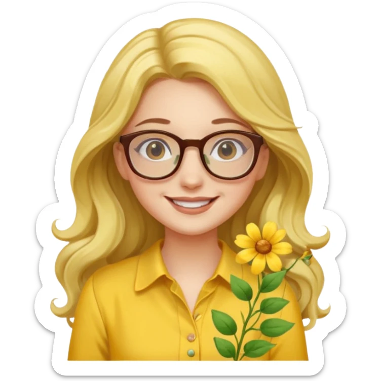 girl with a yellow blouse with flowers, with hair long hair in waves with glasses smiling sticker