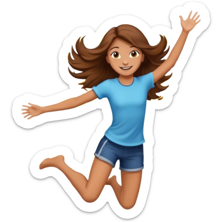Girl with long brown hair happy jumping in the air with sunbeams in the background  sticker