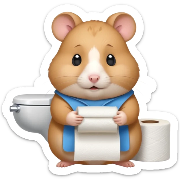 Cute chubby cartoon-style hamster holding toilet paper sitting on toilet looking as if he had an accident, sticker-style illustration sticker