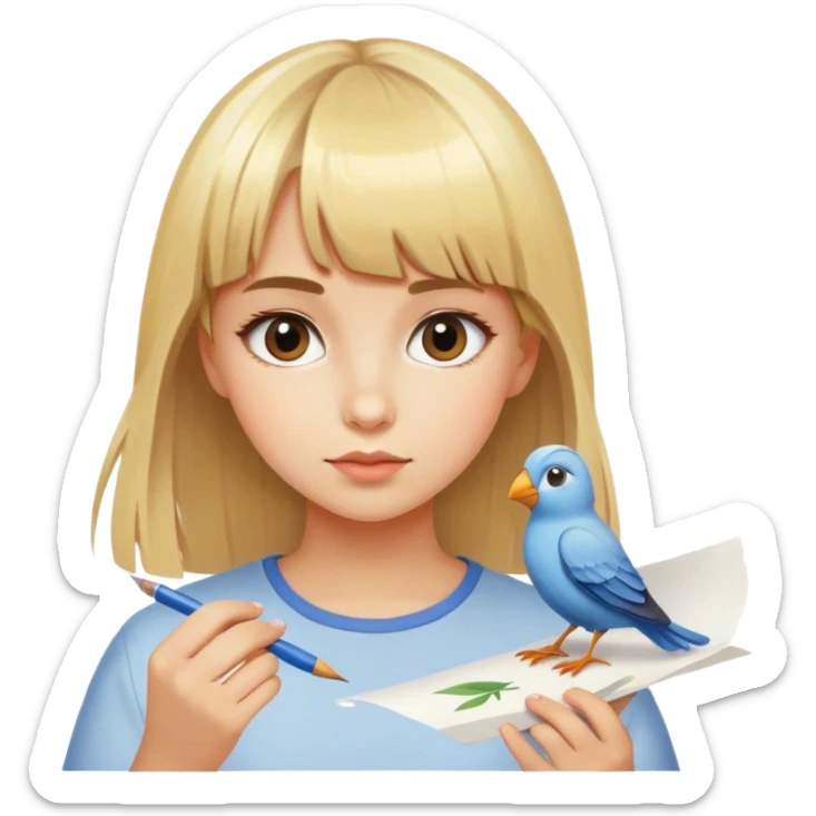 girl with blonde bangs paints a bird on sheet of paper sticker