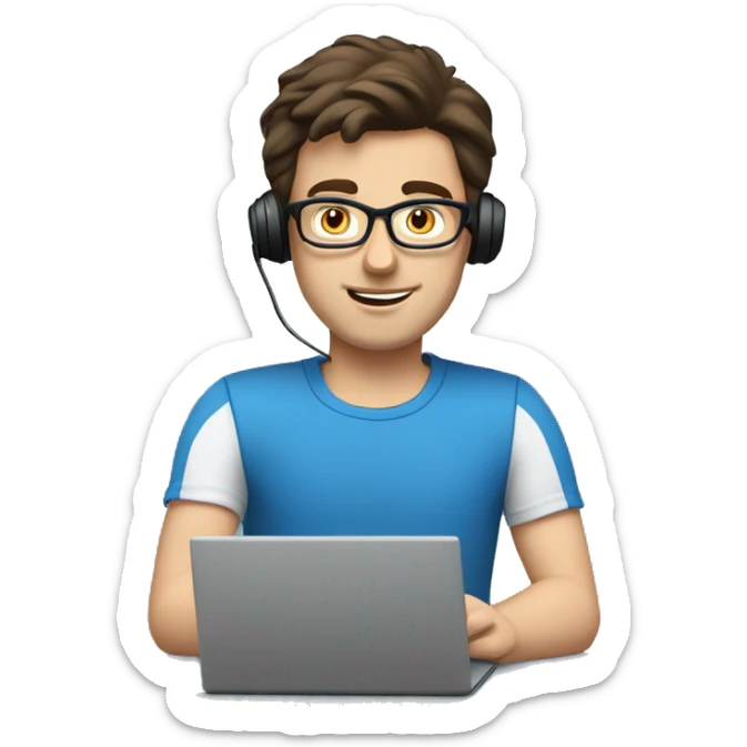white guy with dark brown hair square glasses typing in laptop wearing blue t-shirt working in call center sticker