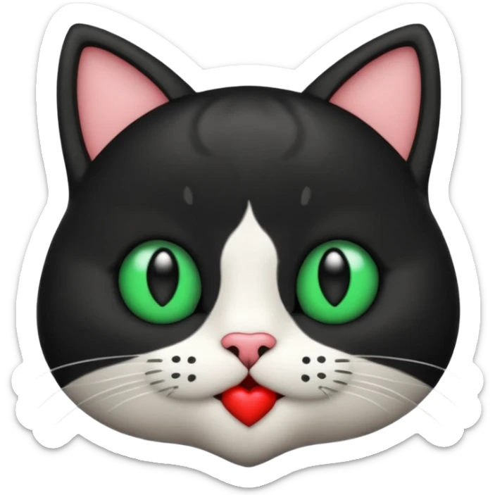 Emoji de un gato blanco y negro con ojos verdes, mandando un beso de corazón  sticker
