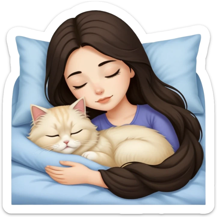pretty girl with dark long hair sleeping with blonde fluffy  persian cat in bed sticker