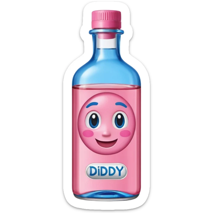Smiling bottle of oil blue top pink outside with logo that says diddy oil sticker