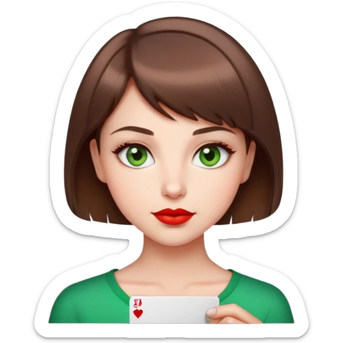 Cute girl, brown short hair, green eyes, playful face, red lips. She holds a card as for mugshot  sticker