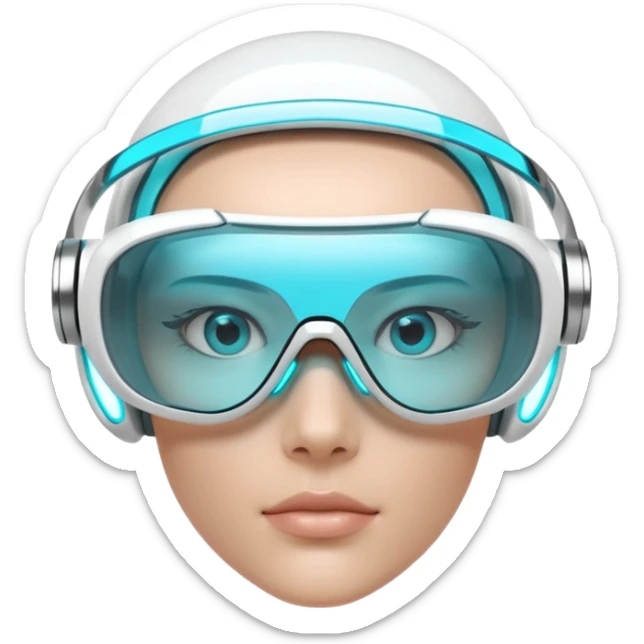 3D render of Digi-Visor, futuristic cyborg aesthetic, fusion of organic skin and chrome metal, sleek white plastic eyewear with a cyan glowing strip, isolated on white background --v 6.0. sticker
