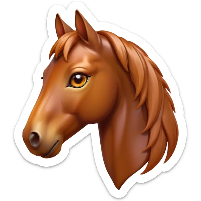 Cinematic Cute Bay Horse Portrait Emoji, Head tilted playfully and inquisitively, showcasing a glossy bay fur with a vibrant sheen and expressive amber eyes filled with curiosity, Simplified yet irresistibly adorable features, highly detailed, glowing with a warm, friendly glow, high shine, affectionate and spirited, stylized with a touch of whimsy, bright and endearing, soft glowing outline, capturing the essence of a mischievous yet loving horse, so playful it feels like it could prance out of the screen and into your arms! sticker
