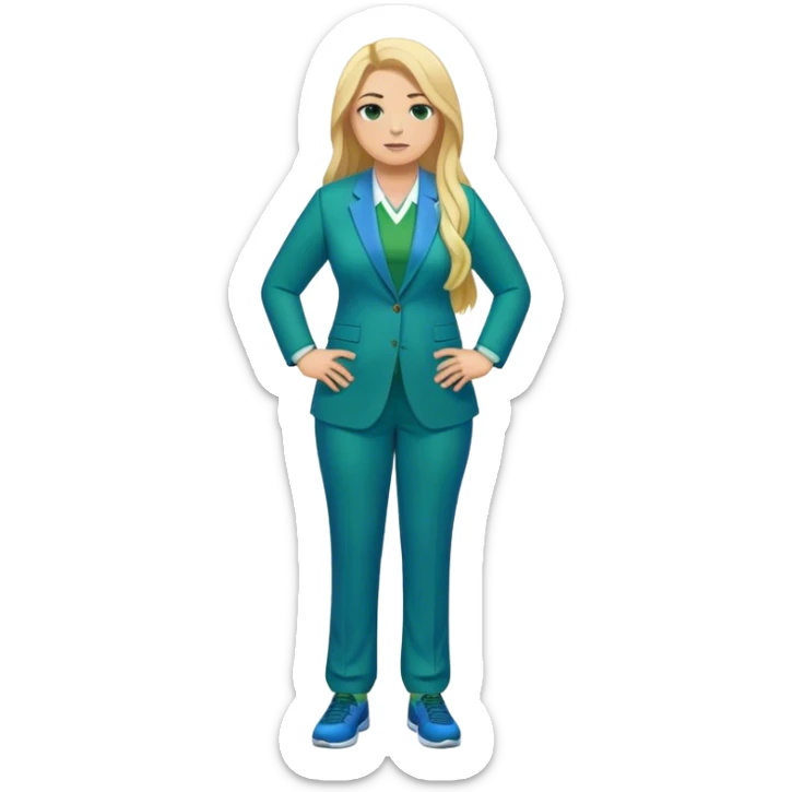 Full Body white plus size female basketball head coach with long blonde hair in a blue and green suit sticker