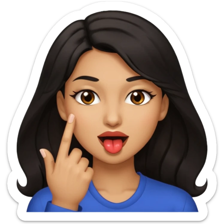 black slighty browin hair light brown skin woman, flirtatious gesture, biting her finger and winking emoji she also has tall hair and brown eyes sticker
