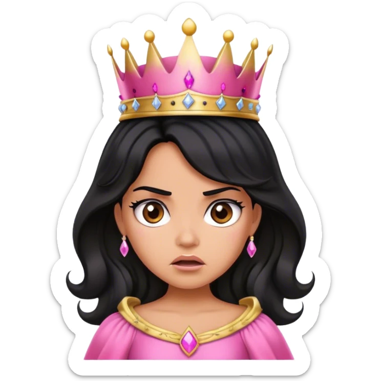 Very tanned princess, with black wavy hair and a crown, a pink princess Outfit But angry sticker