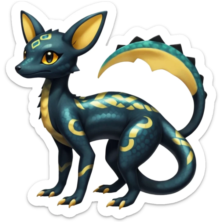 Shiny beautiful gorgeous ethereal Scaley Exotic Salandit-Umbreon-Fakémon-hybrid-creature (full body) with pretty markings sticker