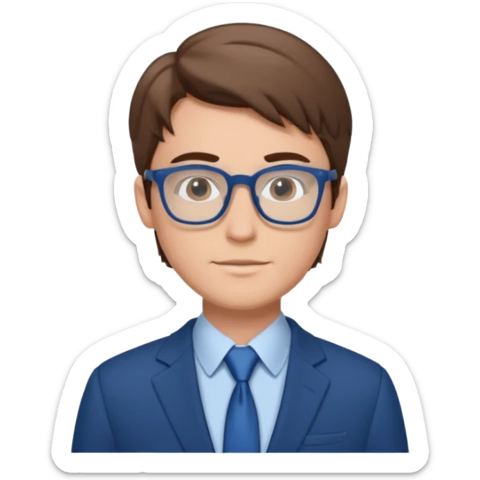 young white man with brown hair, wearing blue-framed glasses and a business suit, inspires trust and respect sticker