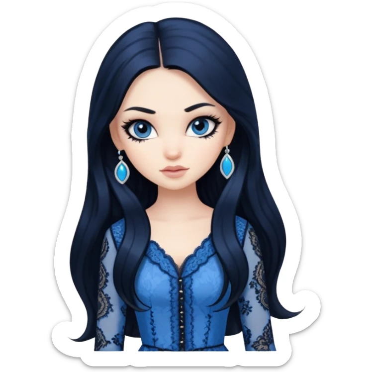 pretty, BLACK long hair, pale skin, eyeliner, blue lace clothes, bratz baddie sticker