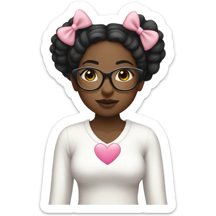Black girl with long straight black hair and a white long sleeved top, clear glasses, pink bow in hair, white heart necklace sticker