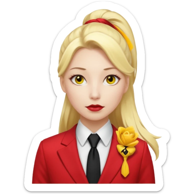 Woman with porcelain white skin, thick blonde hair that's in a thick, long ponytail, has a black nose, yellow scleras, red pupils, and a red suit with a black tie. sticker