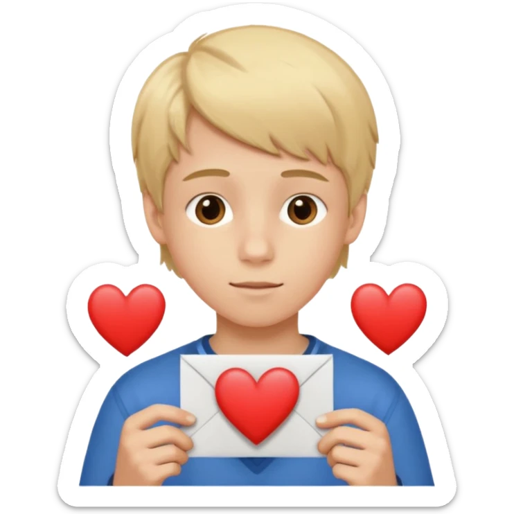 Un garçon blond aux yeux marrons de 13 ans qui tient avec ses mains un L avec des cœurs autour de son visage sticker