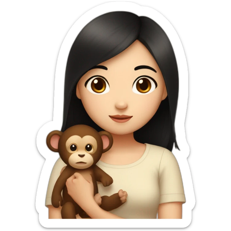 Asian girl with brown eyes and middle black hair and cute top cuddling a brown lovely monkey sticker