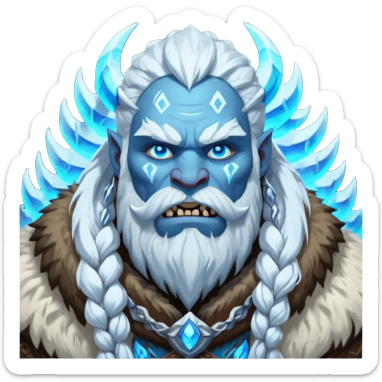 Legendary fantasy orc Christmas portrait icon, Frostfather and Snow Maiden inspired, primal winter god style, massive icy beard, glowing blue eyes, heavy fur coat, tribal frost runes, powerful brutal presence, blizzard atmosphere, clean stylized emoji icon, male/female variant
 sticker