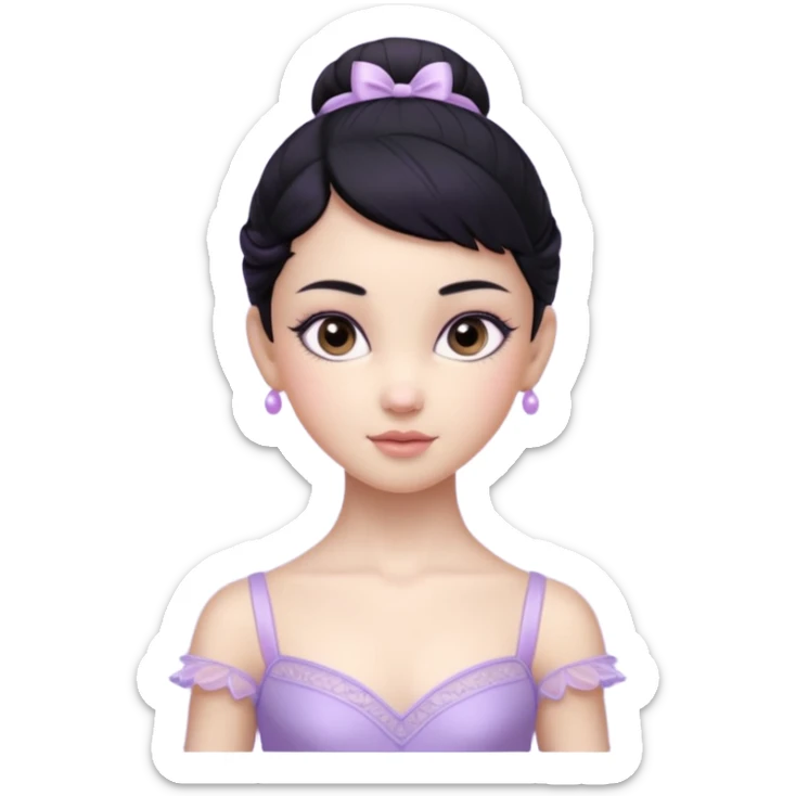 Cinematic Realistic ballerina Light Purple Portrait, depicted with lifelike skin texture, subtle rosy undertones, and soft natural lighting that enhances the gentle contours of her face. Her intricately detailed sweet black hair is elegantly styled, sticker