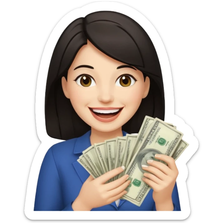 laughing dark haired woman holding lots of money sticker