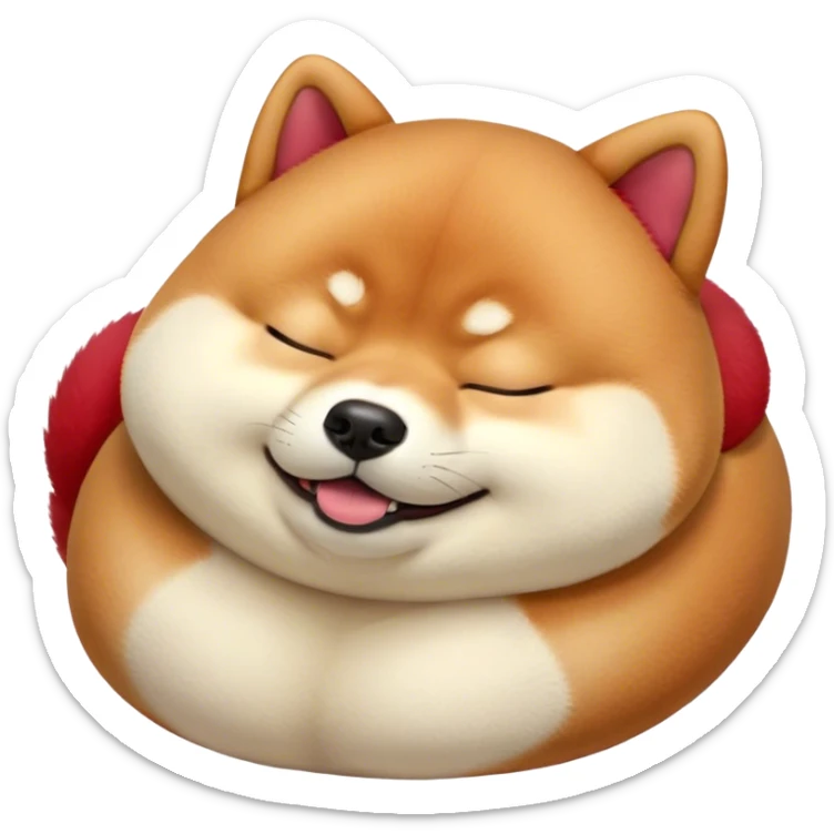 Cinematic Meme-Worthy Chubby Sleeping Shiba Inu Portrait Emoji, Head resting peacefully with a contented smile, featuring a delightfully chubby build and a luxuriously soft red fur with a creamy underbelly, eyes shut in a serene nap, Simplified yet hilariously adorable features, highly detailed, glowing with a soft, drowsy light, high shine, relaxed and utterly lovable, stylized with an air of playful laziness, bright and endearing, soft glowing outline, capturing the essence of a comically sleepy companion, so meme-worthy it feels like it could instantly become the next viral sensation of adorable slumber! sticker