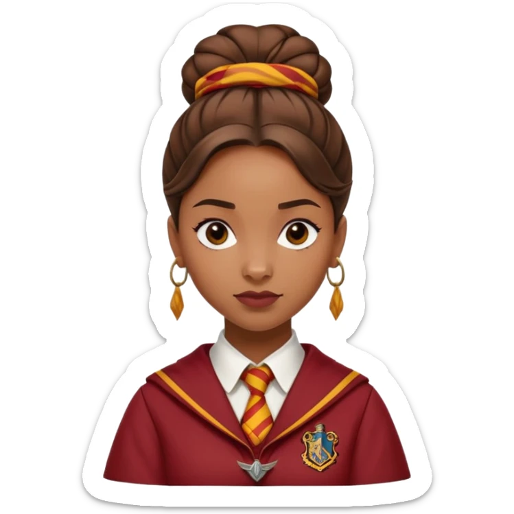 Angelina Johnson in harry potter, wear hogwarts gryfindor uniform,  thick, brown knot bun hair , reflecting her bold, stylish, and strong personality sticker