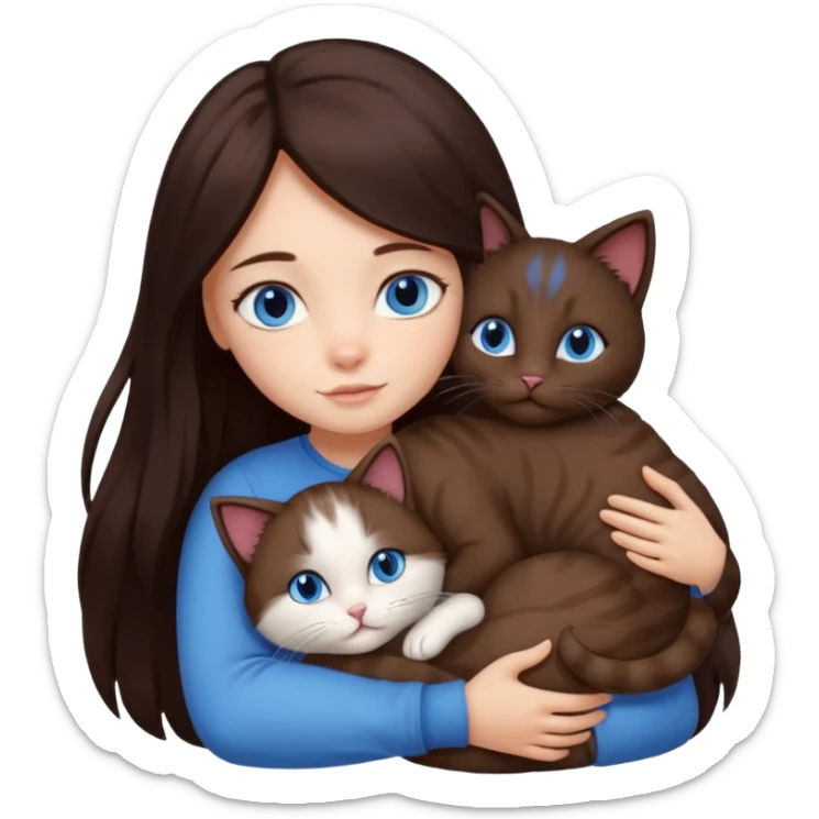 a girl with long dark 
brown hair, with blue eyes, hugs 3 different natural coloured cats sticker
