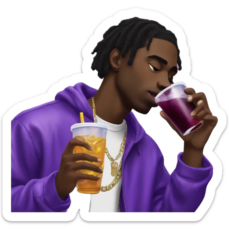 black man wearing playboi carti's record label outfit drinking purple drank sticker