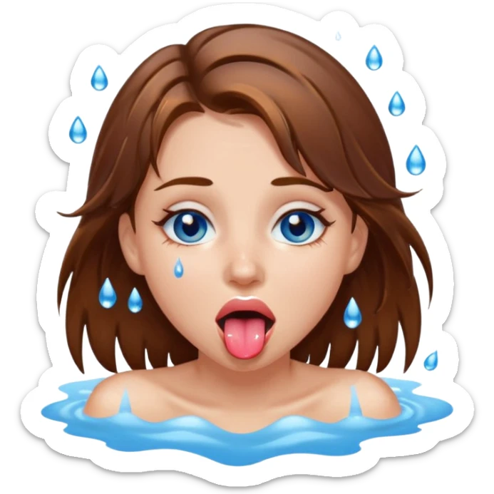 Girl with brown hair, blue eyes, a wet face and her tongue out. Can you make her face more wet? Can you add clear water droplets on her face and tongue? No water below her. Just on her face, hair and tongue. sticker