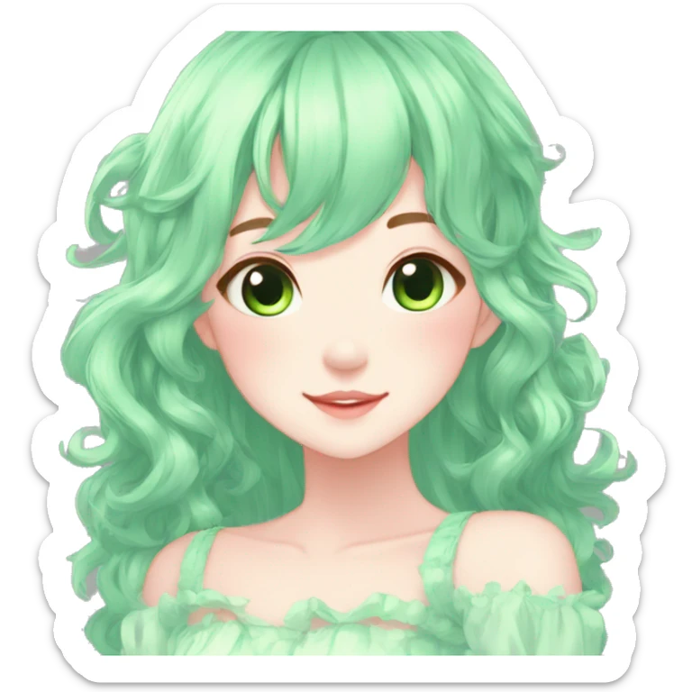 Gorgeous Beautiful Blushing Petite Pastel-Fairy-Anime-Green-Pastel-Girl with pretty hair aesthetic sticker