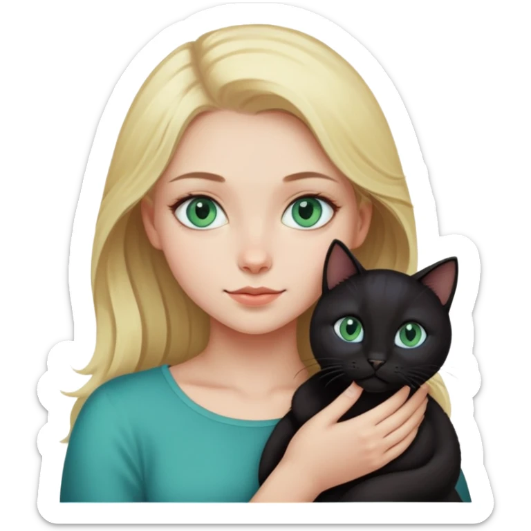 blonde girl with blue-green eyes with a black cat in her arms sticker